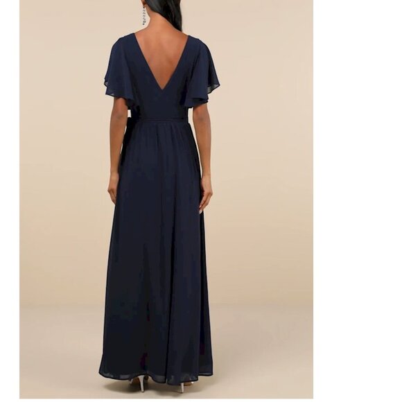 Lulus Convincing Grace Navy Blue Flutter Sleeve Wrap Maxi Dress Size Small NWOT - Picture 2 of 6